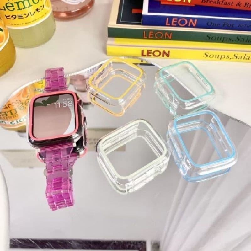 Capa Protetora Apple Watch 42mm 44mm Borda Colorida que Brilha no Escuro – Case Acrílico Transparente – Proteção Lateral
