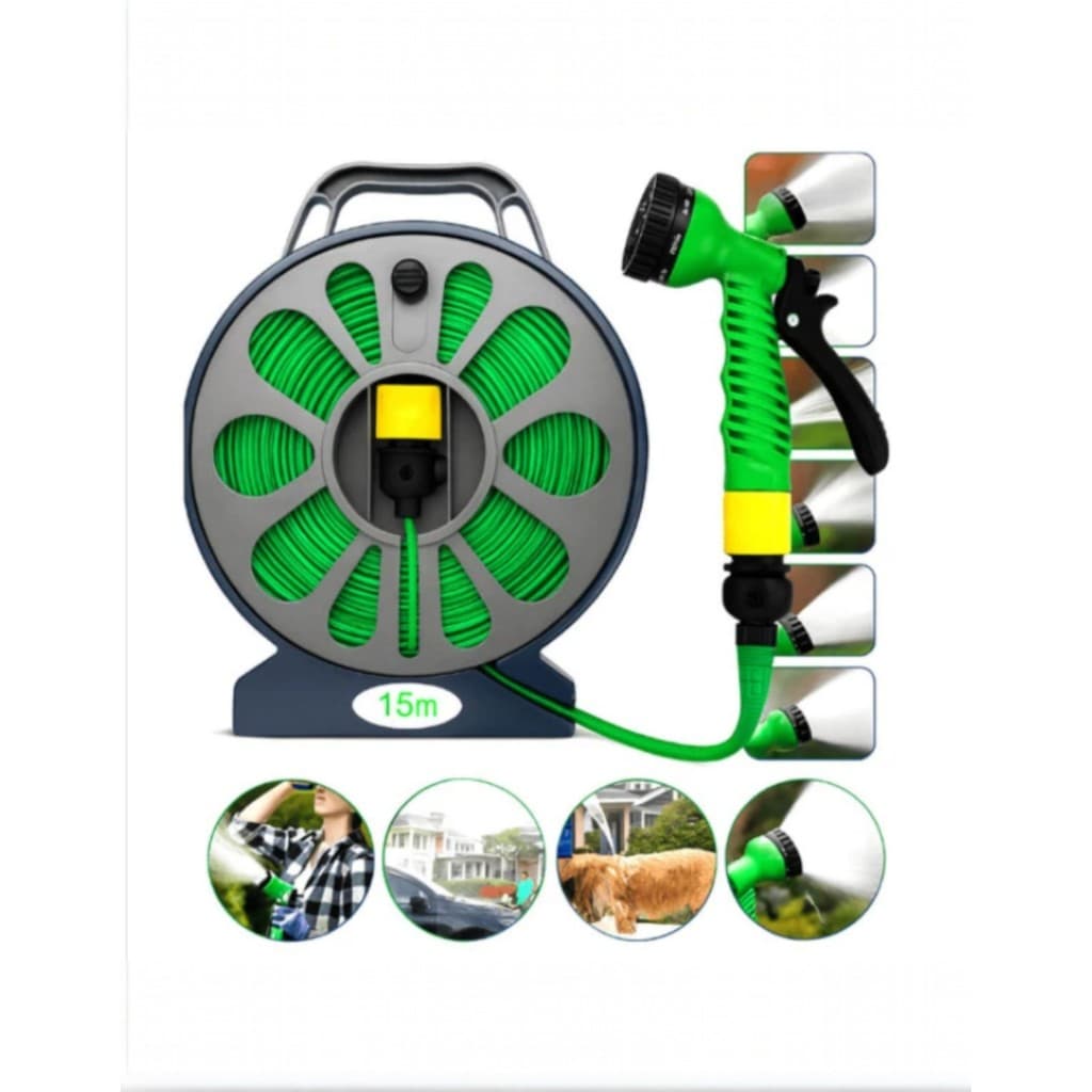 Mangueira Jardinagem Bico Esguicho Irrigação Limpeza 15m Enrolador Lavagem Carro Moto Calçada