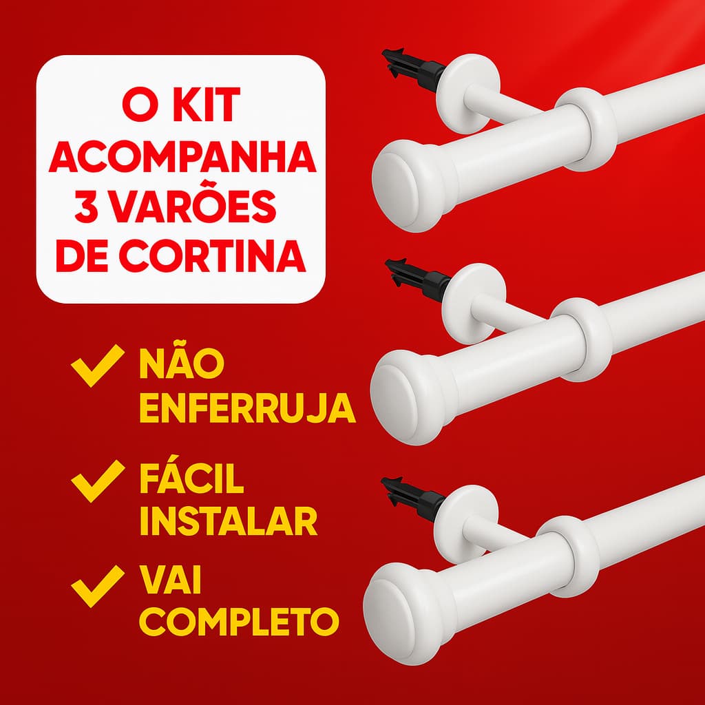 Kit com 3 Varões de Madeira Para Cortina Simples 1,50 Metros 19mm Varão Ponteira Suporte Completo