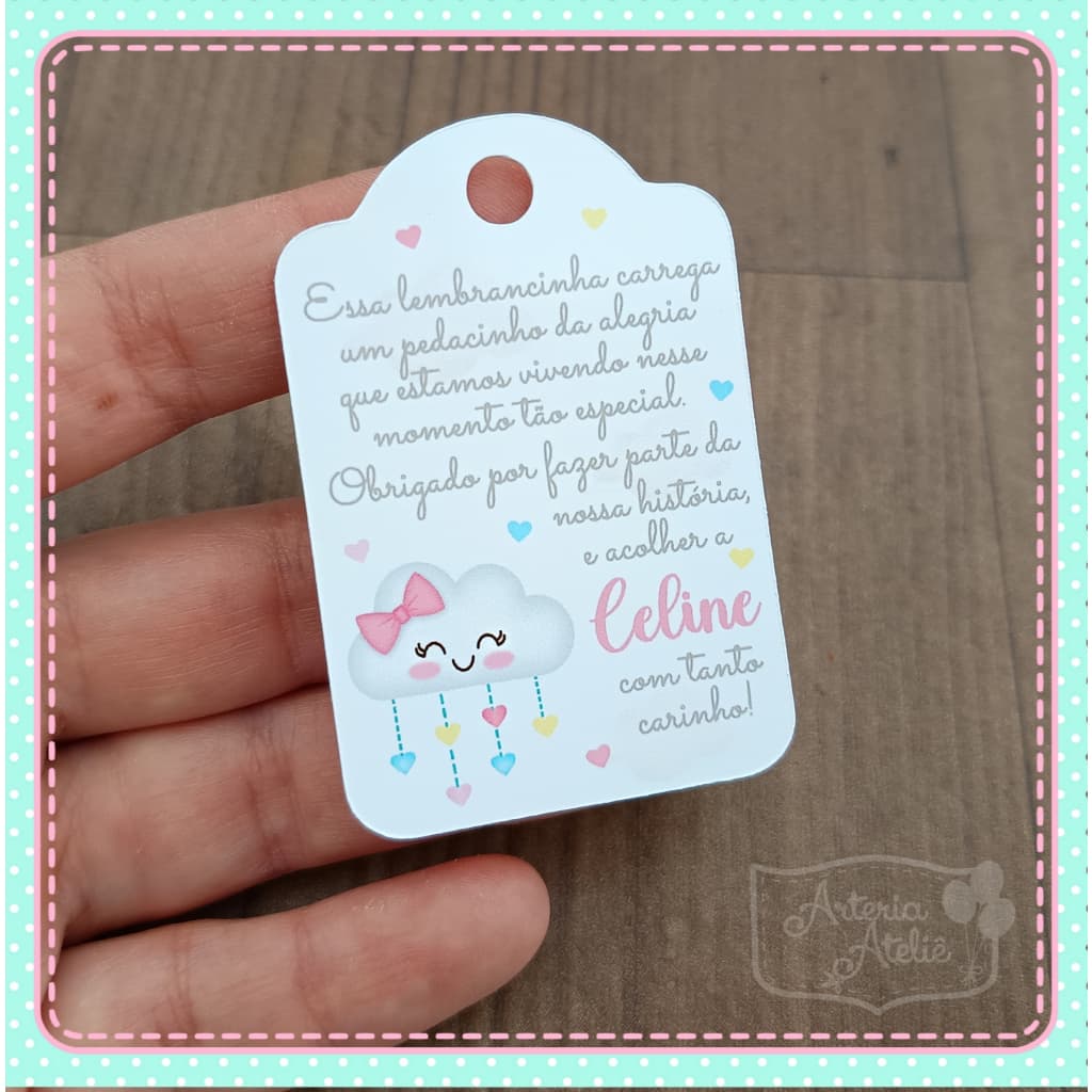 Tag de pendurar Lembrancinha Personalizados Nascimento maternidade bebê suspiros menina nuvem chuva amor bençãos rosa