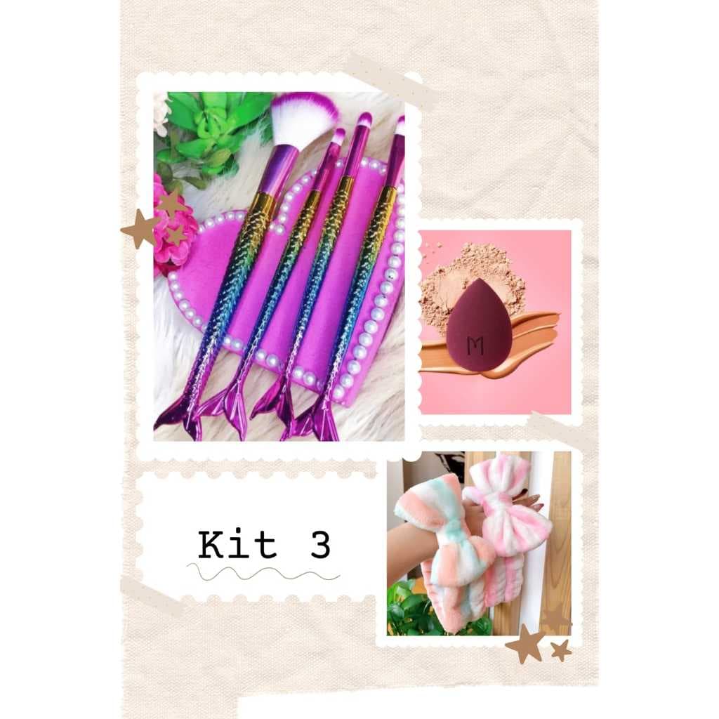 Kit 3 Pincel Sereia (4Pinceis) + Esponja gota + Tiara Laco SkinCare
