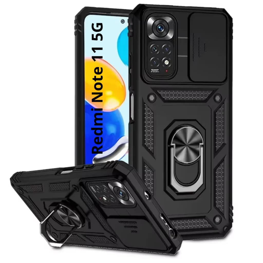 Capa Capinha Preta Com Proteção Nível Militar Com Suporte e Proteção de Câmera Para Redmi Note 11 5G