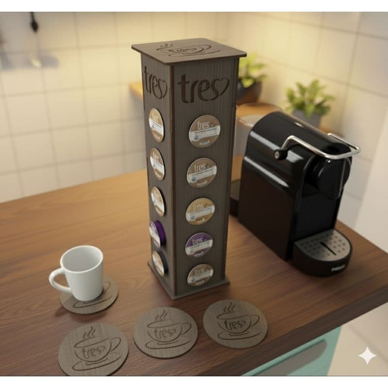 Porta Cápsulas Três Corações em Madeira MDF 35cm + 4 Descansos de Copo - Organizador de Café Torre Vertical