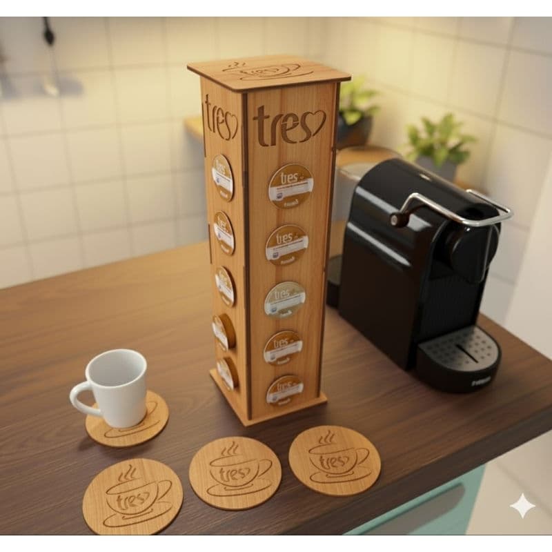 Porta Cápsulas Três Corações em Madeira MDF 35cm + 4 Descansos de Copo - Organizador de Café Torre Vertical