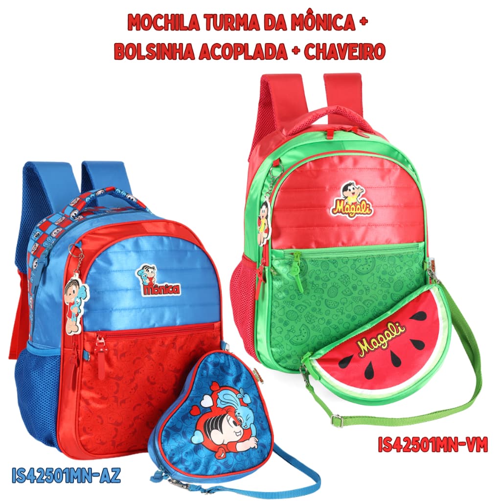 Mochila Escolar Turma DA Monica Sansão Magali Melancia + Bolsinha + Chaveiro