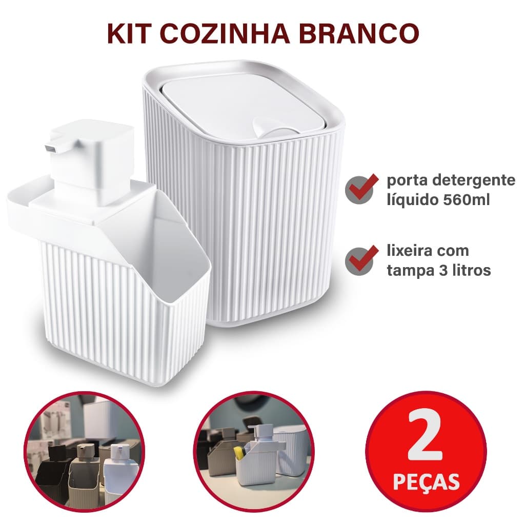 Conjunto Cozinha 2 Peças Usual Porta Detergente com Suporte para Esponja e Lixeira 3L com Tampa