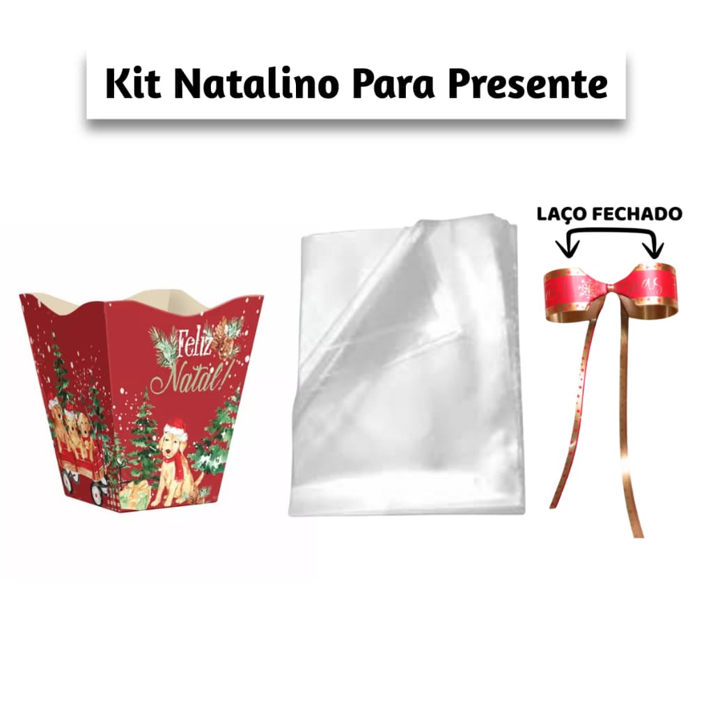 Cachepot Natal Grande + Sacos de Presente + Laços Bola Fechados Kit com 3 Unidades