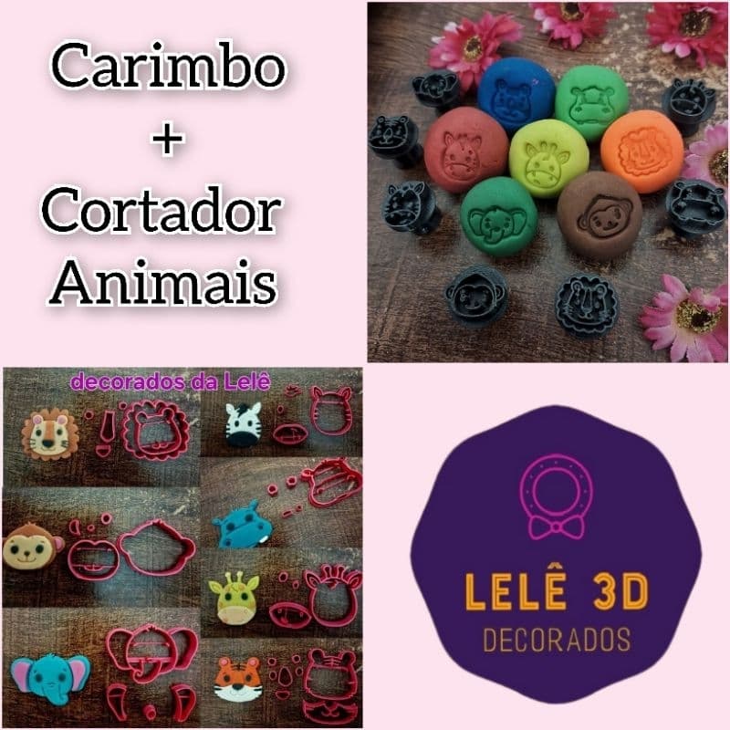 2 kit carimbo + Cortador Animais Safari para pasta americana e brigadeiros modular, Animais Safari, carimbo + Cortador
