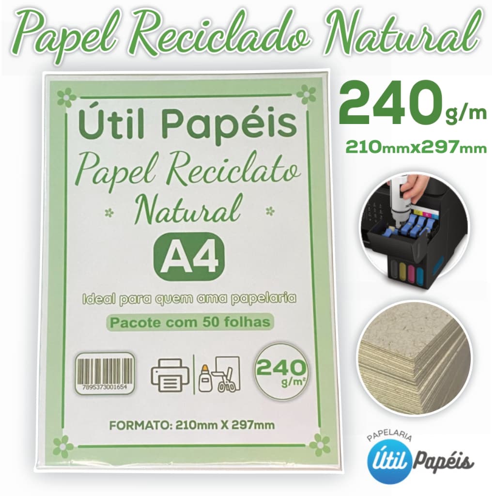 Papel Reciclado 240g A4 Pacote com 25/50 Folhas - 210x297mm Sulfite Premium / Jato de tinta e Laser