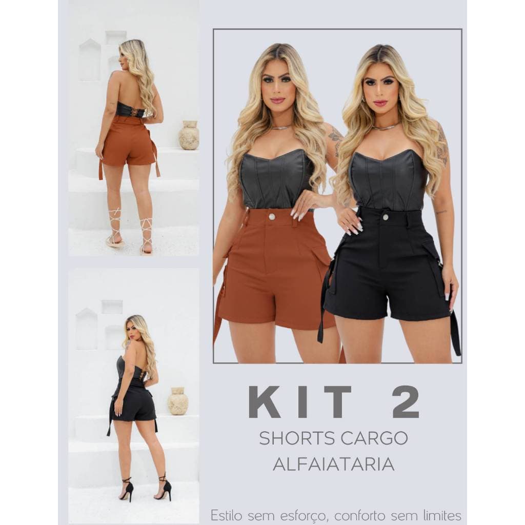 Kit C/2 Short Cargo Alfaiataria Feminino Bolso Lateral Verão Premium Luxo