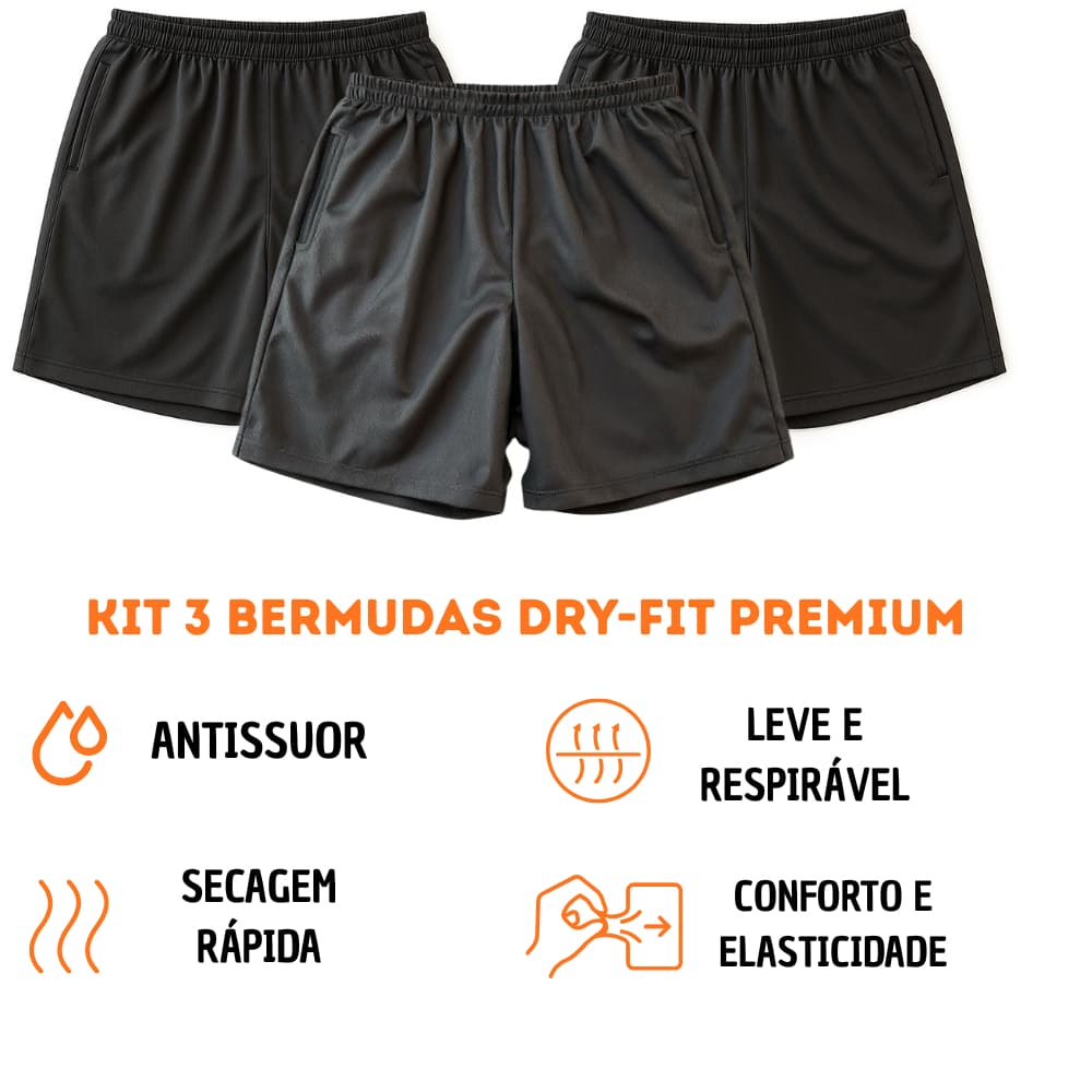 Kit 3 Bermudas Dry Fit Premium Curta Masculina | Academia Fitness Treino Musculação Casual Respirável Leve Antiodor
