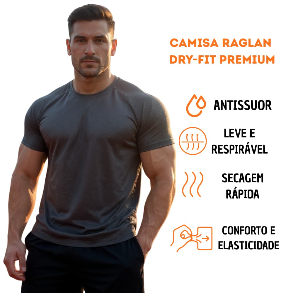 Camiseta Dry Fit Raglan Premium Masculina | Academia Fitness Treino Musculação Casual Respirável Leve
