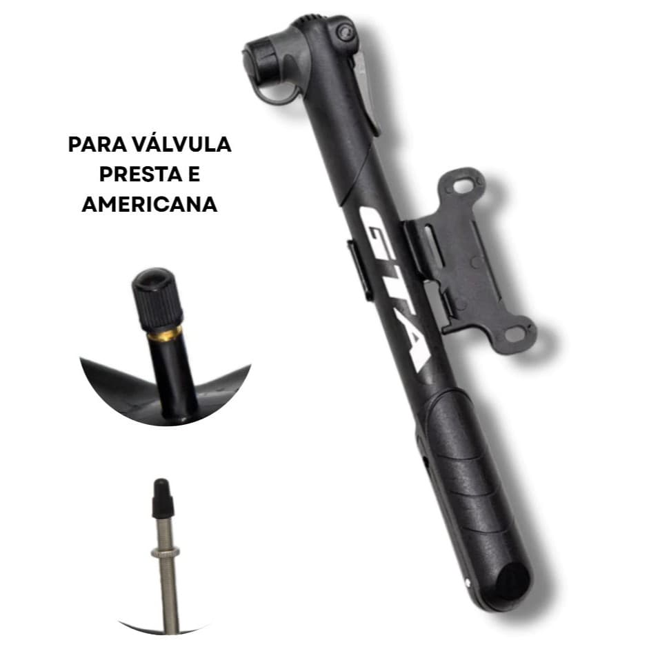 Bomba de Encher Pneu Bicicleta GTA Portatil com Suporte Valvula Presta e Americana Bike