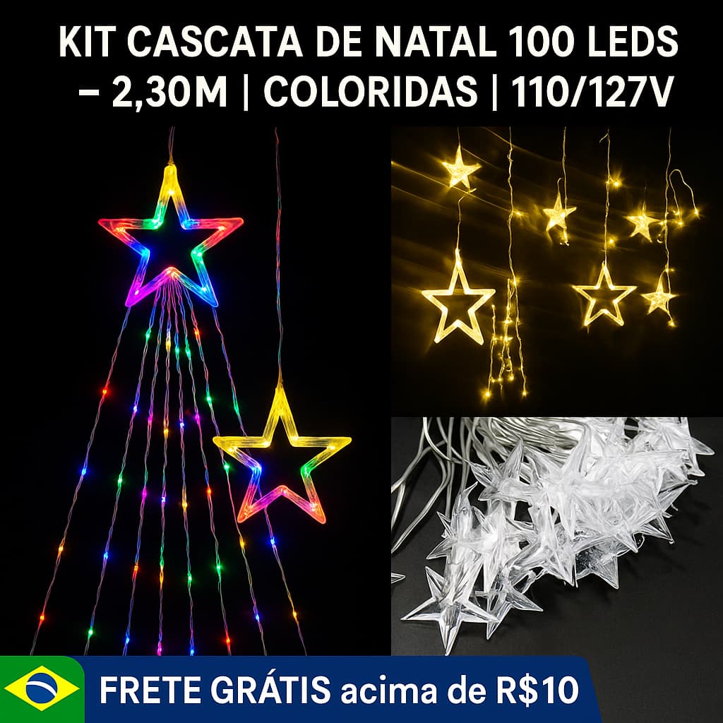 Kit Cascata de Natal LED 100 Lâmpadas 2,30M Colorida 110V Enfeite Luz Pisca Pisca Decoração Natalina