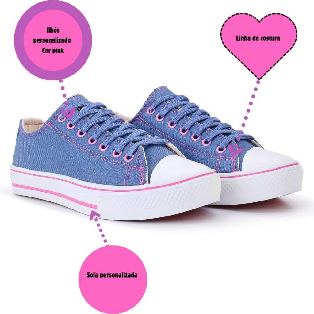tênis feminino jeans costura e ilhós rosa- moda feminina- envio rápido