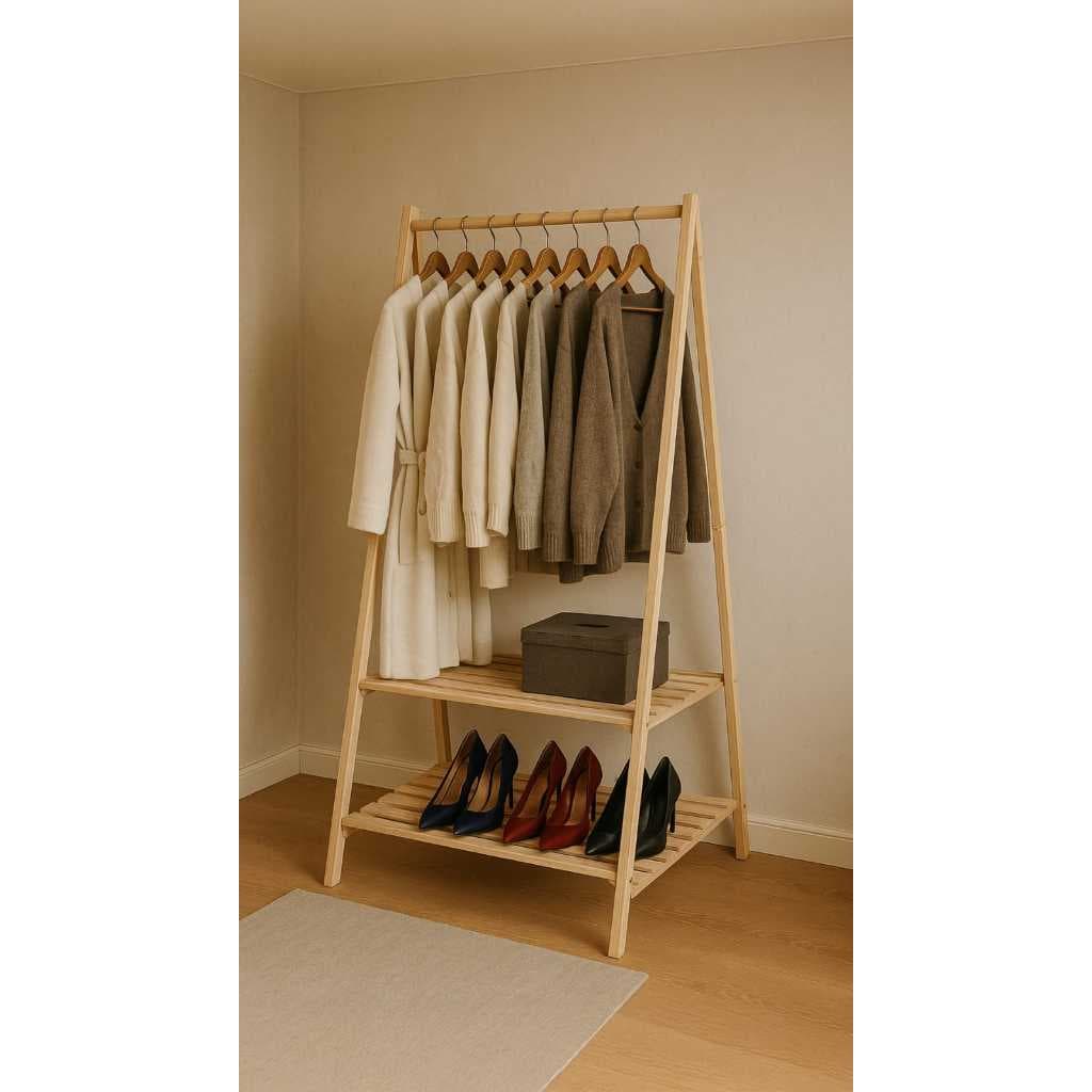 Arara de Roupas Dobravel com Prateleira Para Sapatos Multiuso Madeira de Pinus