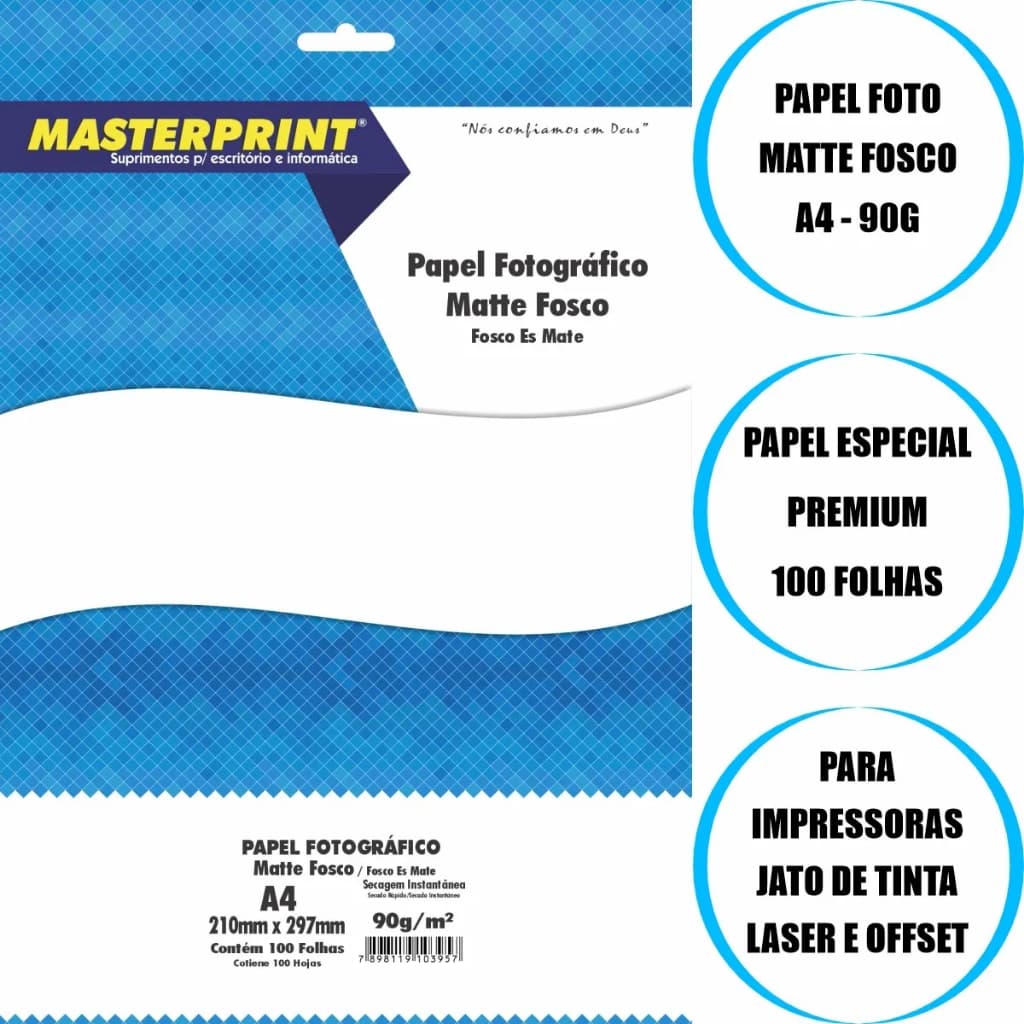 Papel Fotográfico Masterprint Matte Fosco A4 90g (Pacote com 100 Folhas).