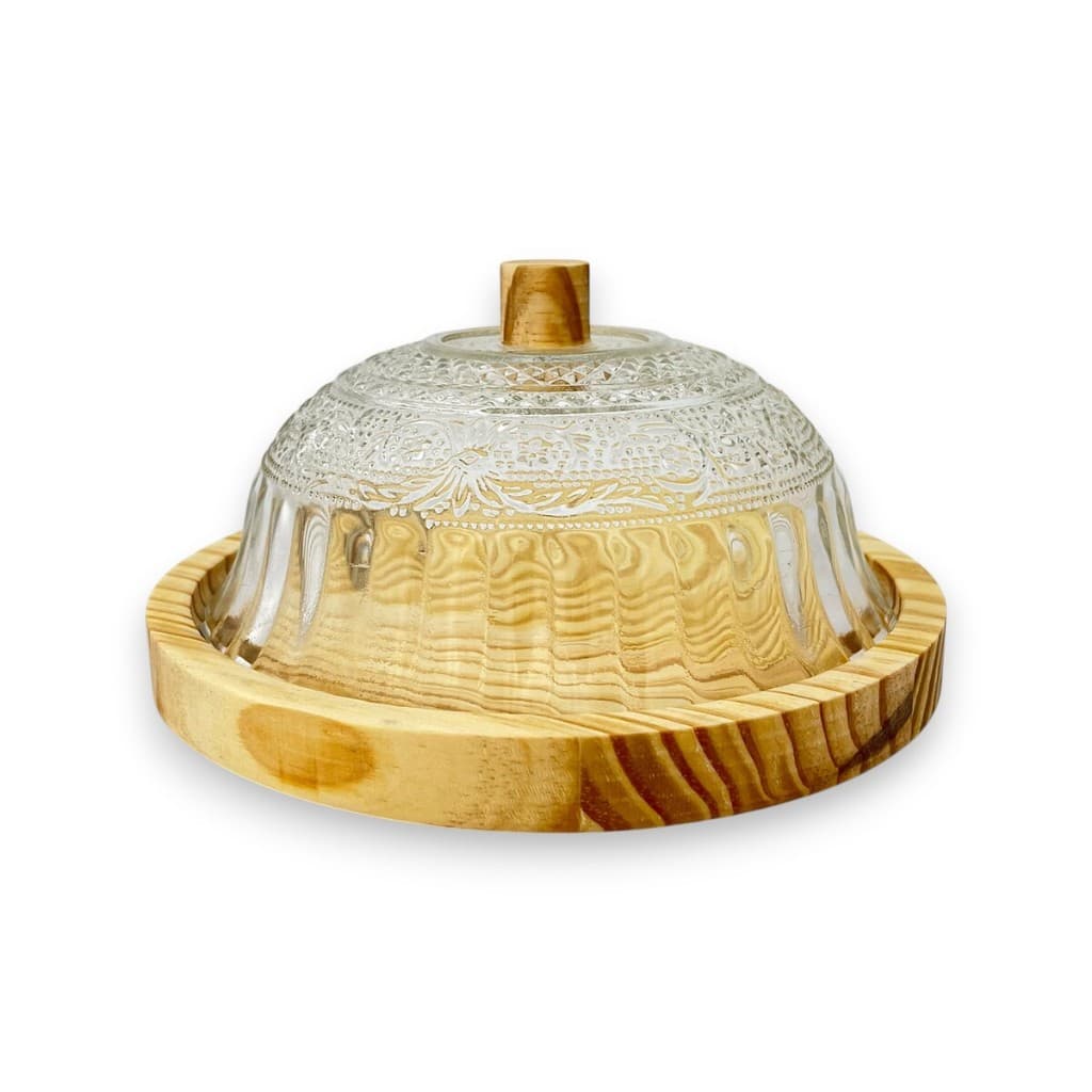 Queijeira Rústica Artesanal em Vidro e Madeira Pinus – Estilo Boho Chic 18 cm