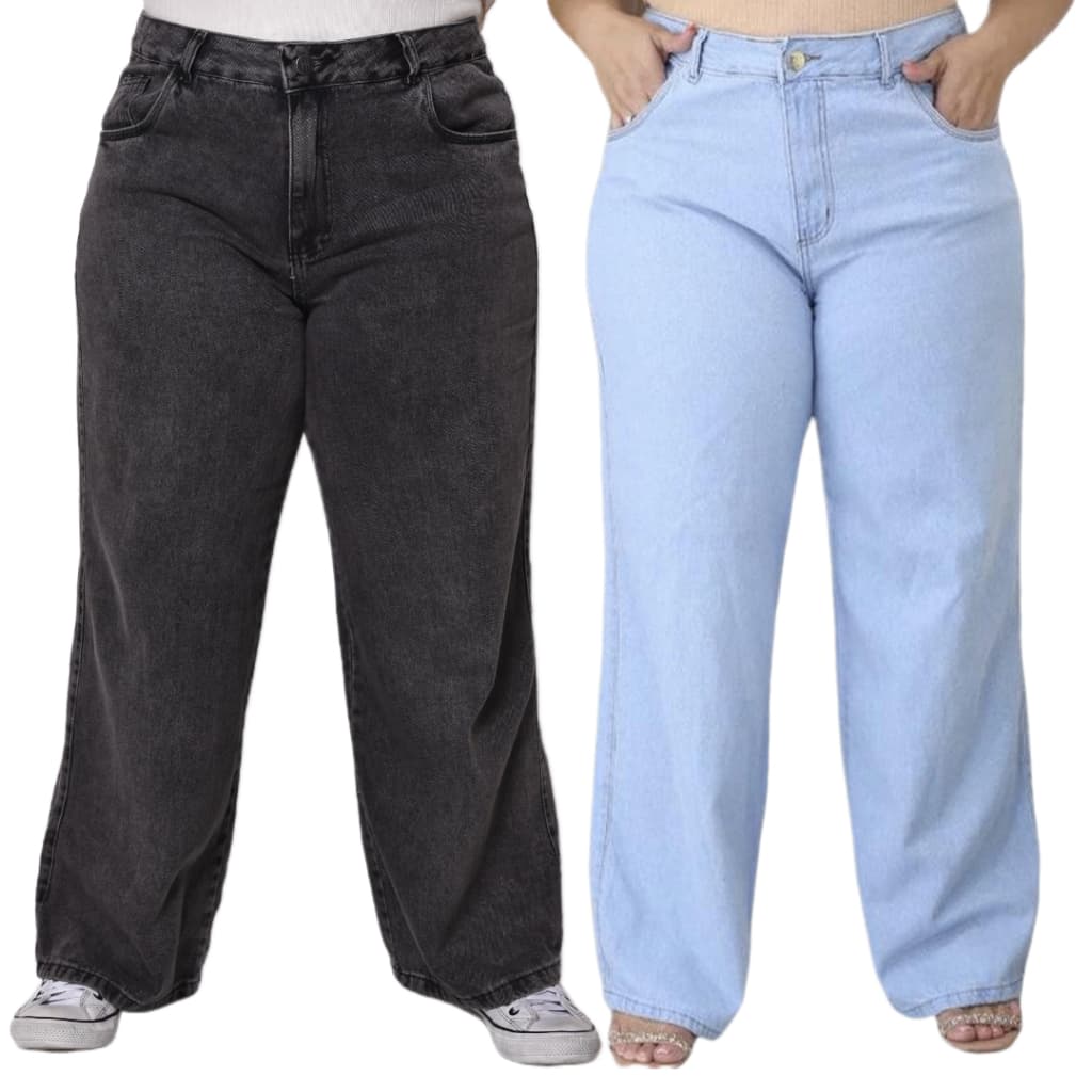 Kit 2 Calças Jeans Feminina Wide Leg Plus Size Cintura Alta
