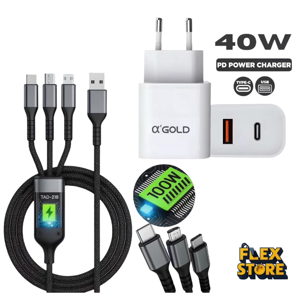 Fonte Carregador Turbo USB e Tipo C 40W A’Gold CA40-4 + Cabo 3 em 1 100W Altomex AL-454 – Tipo C / Micro USB / iPhone
