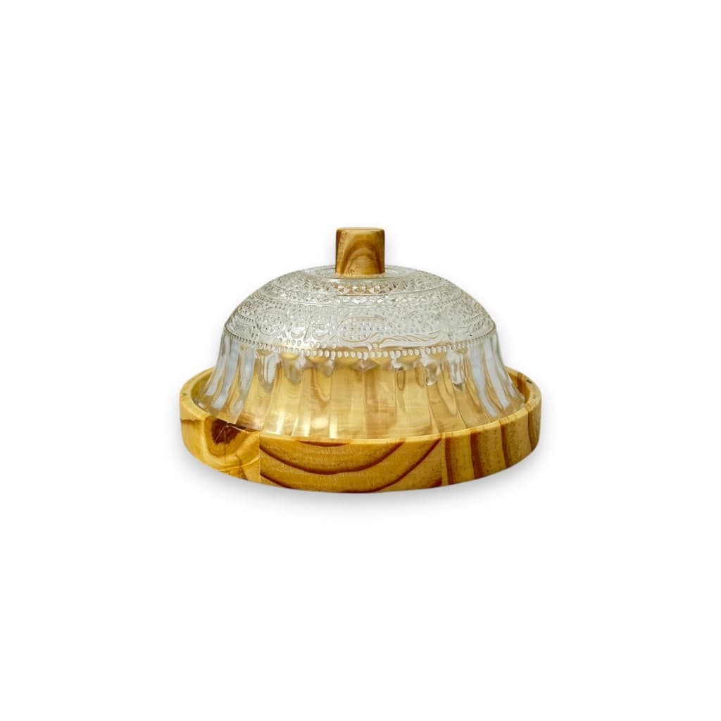 Mini Queijeira Artesanal Estilo Boho Chic em Vidro e Madeira Pinus – 15,5 cm