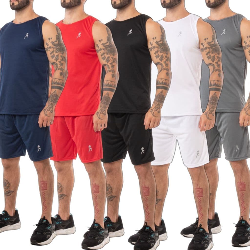 Kit 5 Regatas Masculinas Dry Fit + 5 Bermudas Shorts Academia