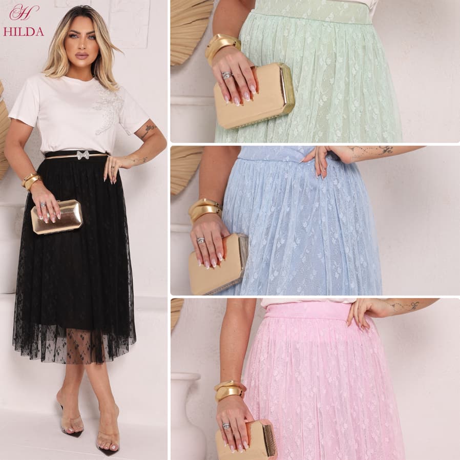Saia Tule Midi Elegante Forrada Moda evangélica Fardamento Festividade Congresso