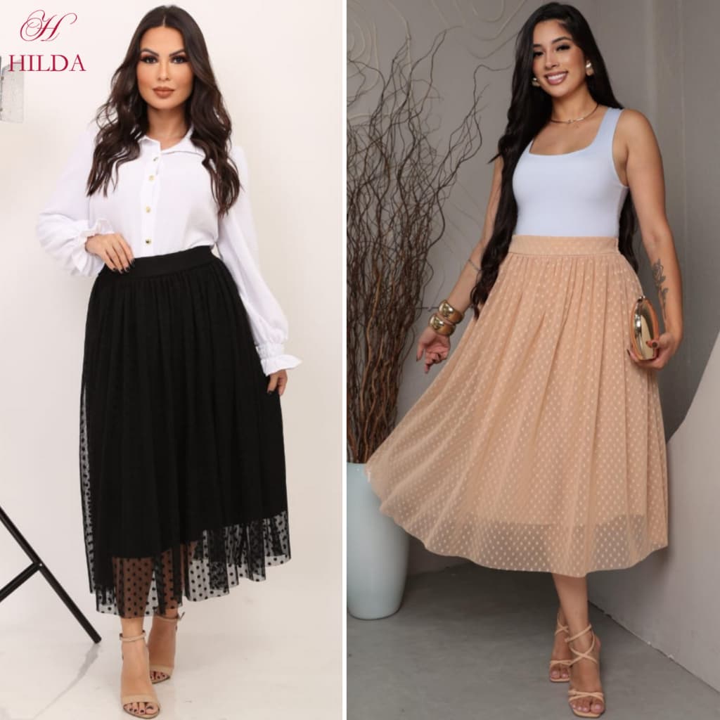 Saia Poá Midi Tule Bolinha Moda Adulta Evangélica Feminina Congresso Festividade