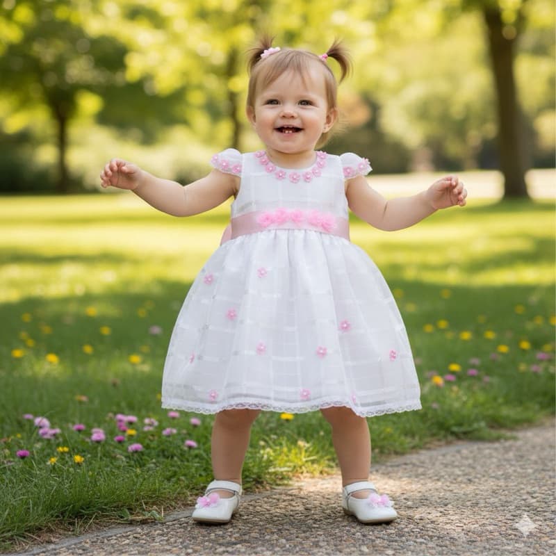 Vestido Batizado Branco Florzinha Menina Infantil