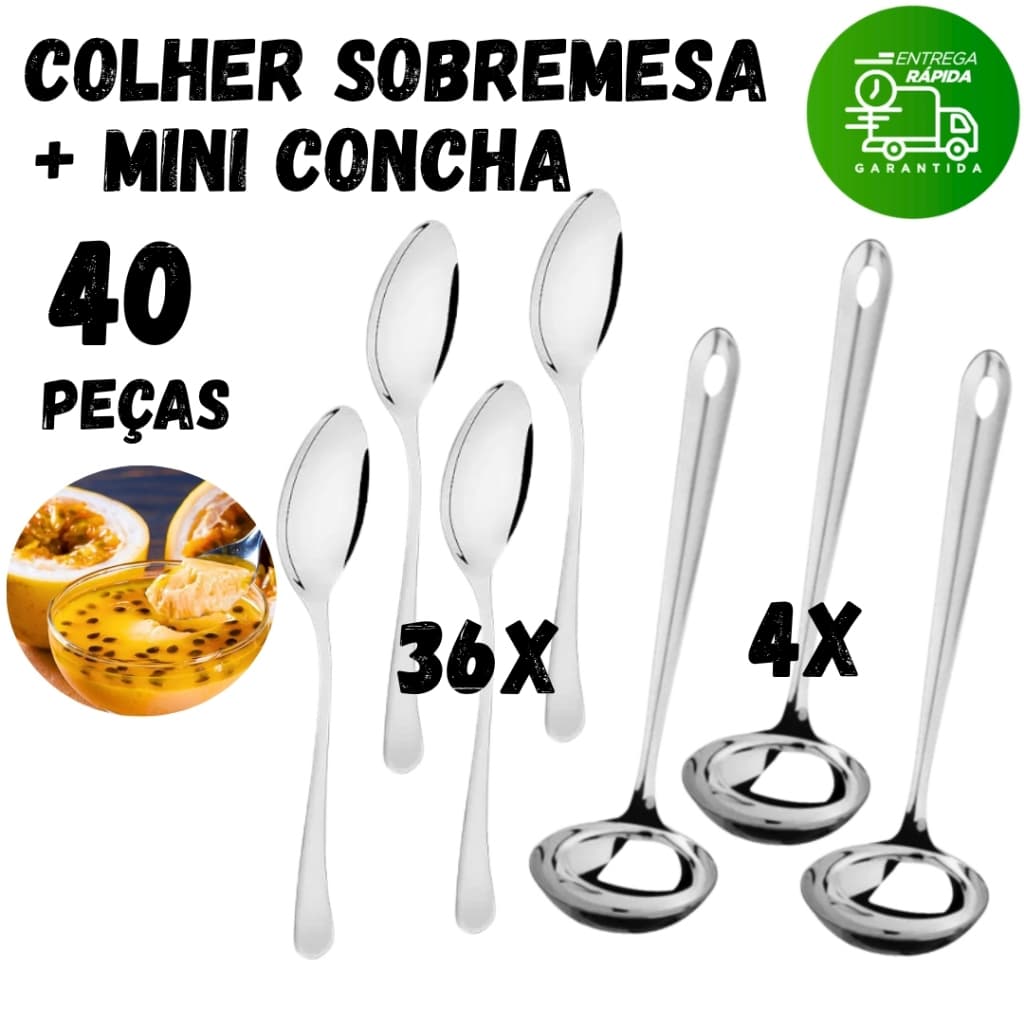 Kit 40 Peças Inox Colher Sobremesa e Mini Concha Doces Salgados Cozinha Restaurante Buffet Padaria