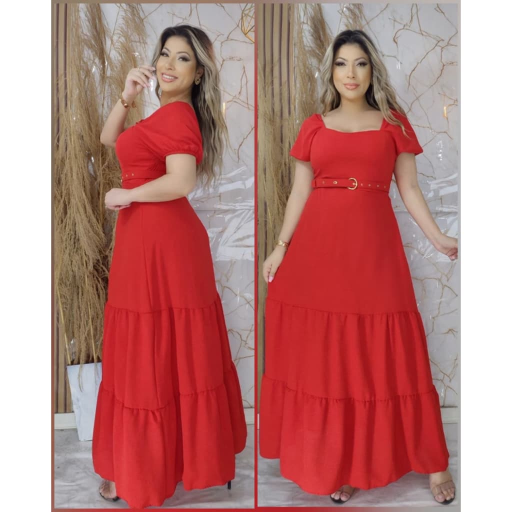 Vestido Longo manga casual Festa Forrado com cinto Confortável Versátil