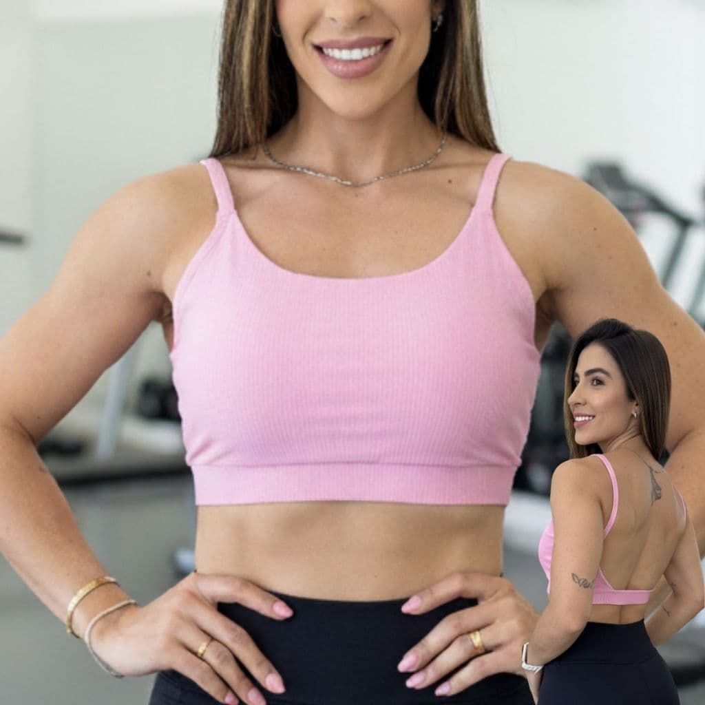 Top Fit Premium Costas Nuas Alça Fina Com Elástico Duplo Com Compressão Academia Zero Transparência Fitness Rosa