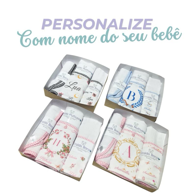 Kit 3 fralda bebe personalizada - 2 fralda boca e 1 ombro