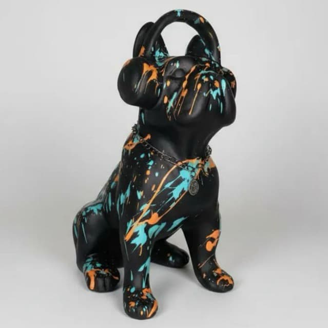 Estatueta cachorro Buldogue Francês com fone cor Preto Splach decoração casa sala quarto escritório