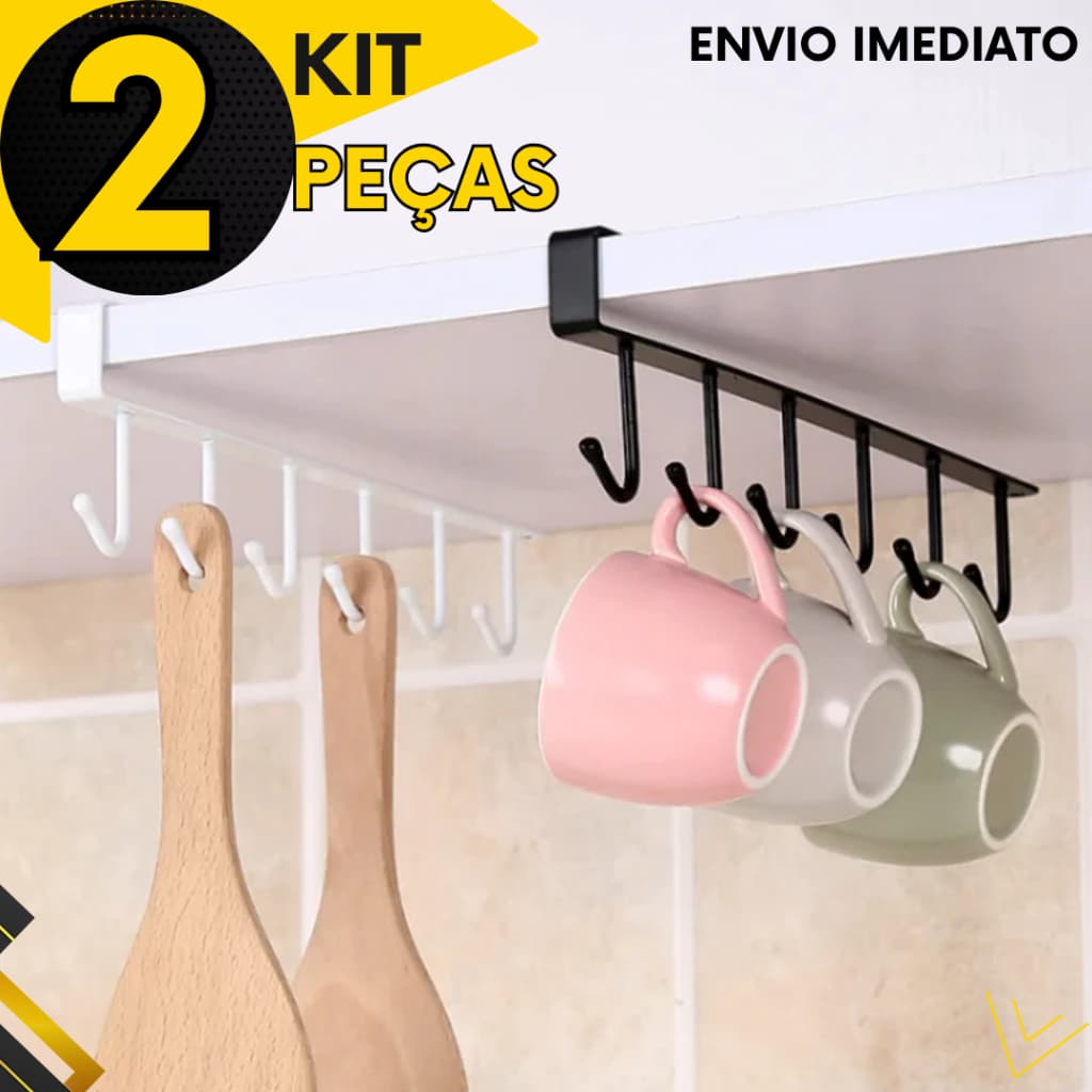 Kits 2, 3, 4 ou 6 un - Suporte Porta Xícaras e Canecas de Armário Sem Furo Cabide