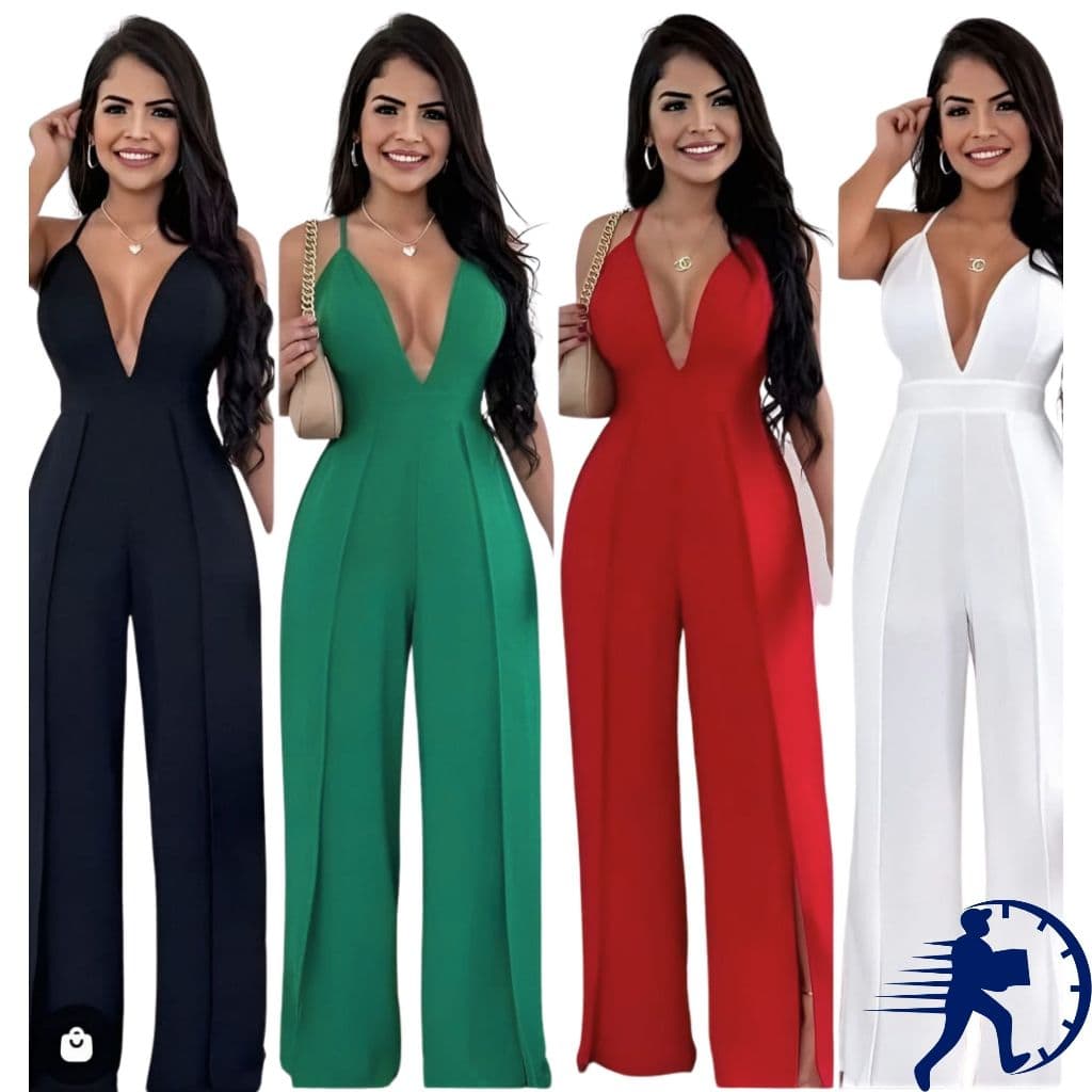 Macacão Longo Elegante Feminina Alças Finas Com Bojo e Fendas