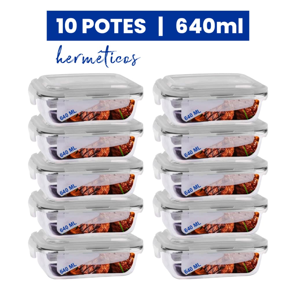 Kit 10 Potes de Vidro 640ml Hermético Vedação Silicone Marmita Fitness Tampa 4 Travas Microondas