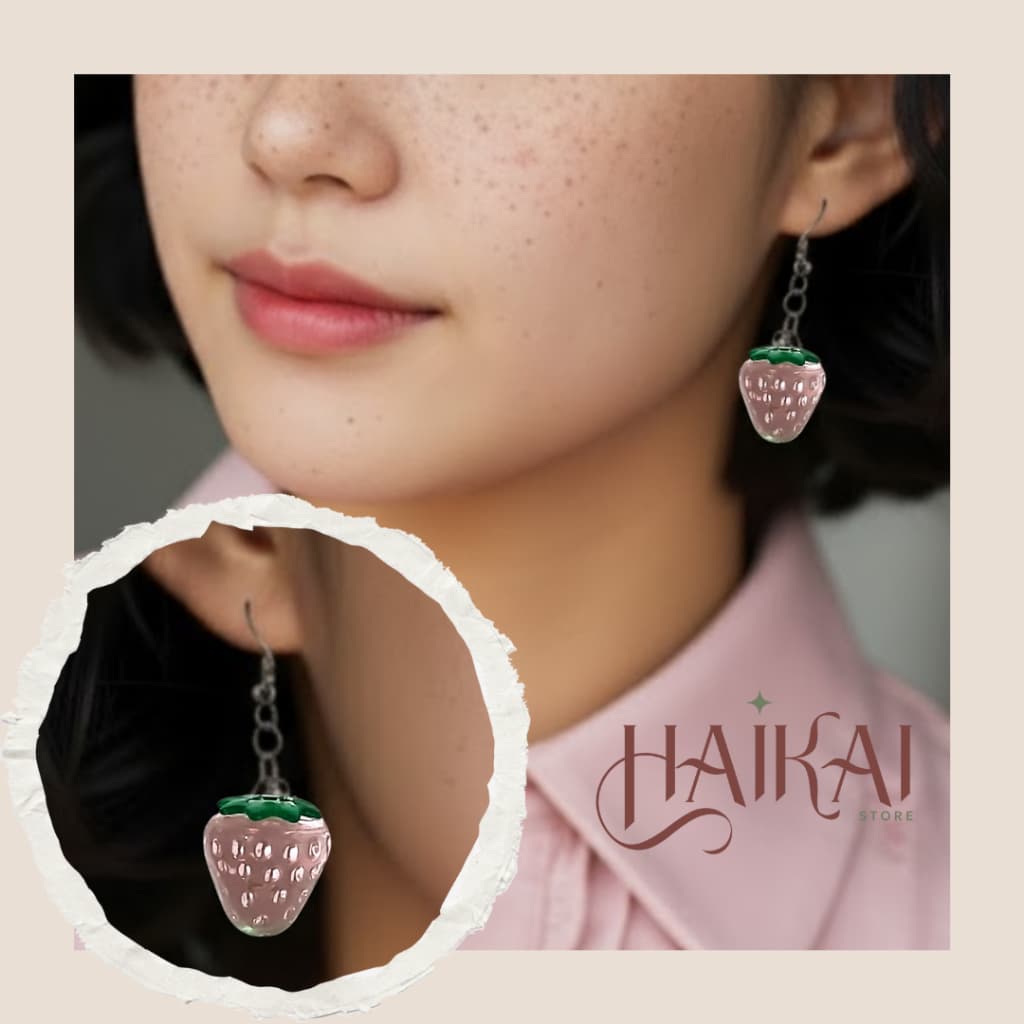 Brinco Morango Rosa Translúcido Fofo Frutas Romantico Kawaii Asiático coreano Y2K delicado