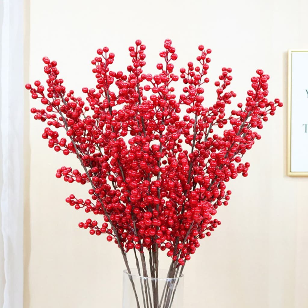 Kit C/ 12 ou 6 Ramos Galhos Azevinhos Cerejas Natalino P/ Natal Decoração Enfeite Luxo Mesa Flores