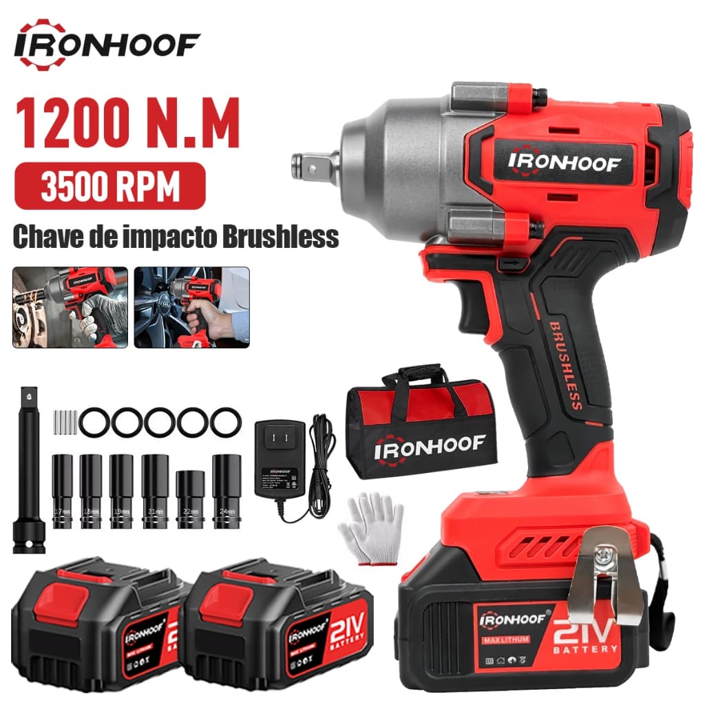 1200Nm Chave de Impacto Potente Brushless Elétrica Parafusadeira 2 Baterias