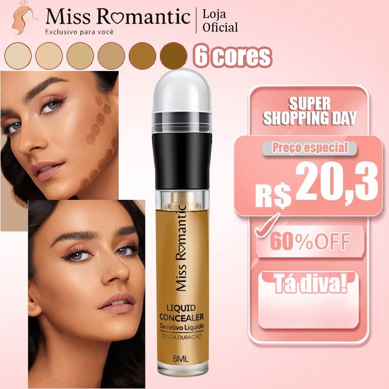 Corretivo Líquido Profissional Miss Romantic 🎨 Alta Cobertura, Acabamento Natural e Efeito de Maquiagem de Estúdio