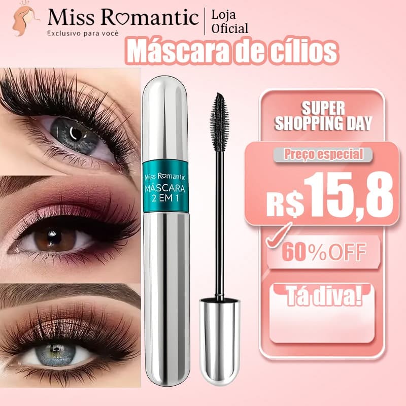Máscara para Cílios 4D 2 em 1 Miss Romantic 💖 À Prova d’Água, Volume, Alongamento e Longa Duração