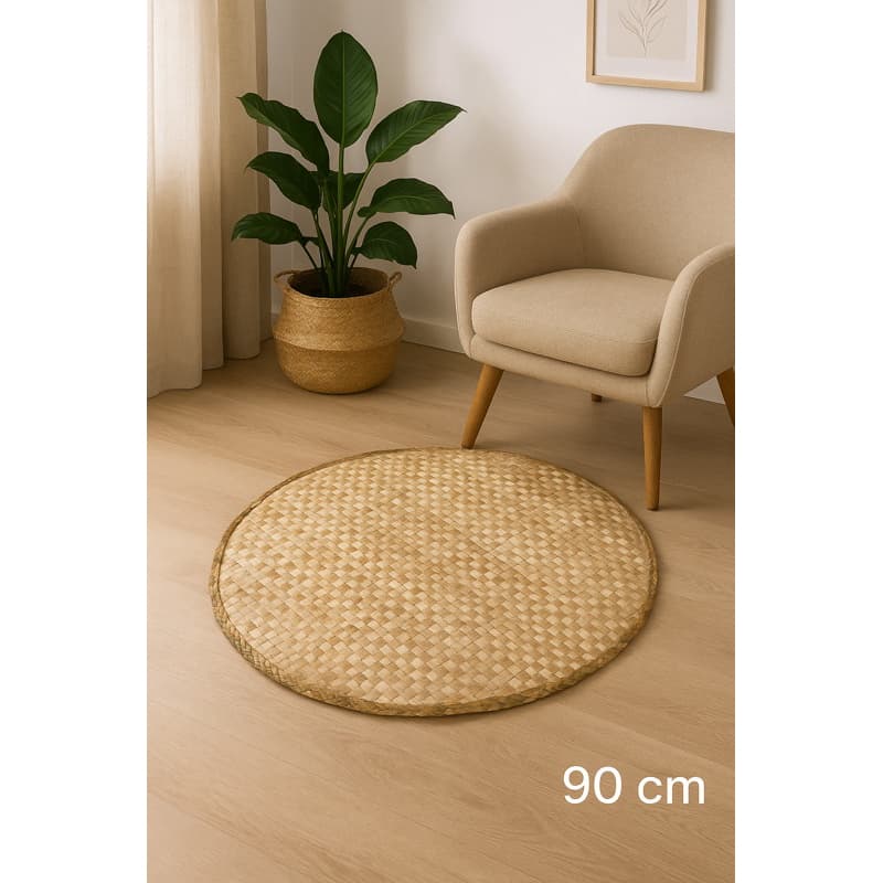 Tapete de Palha Artesanal Redondo 90 cm Decoração Boho Natural Sala Varanda