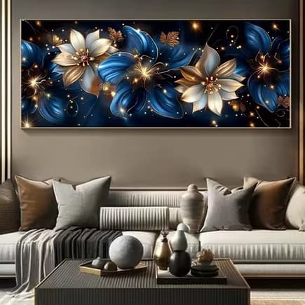 Quadro Decorativo Floral 3D com Flores Azuis e Douradas em Fundo Preto Sofisticado 112x82 Cm 4k hall