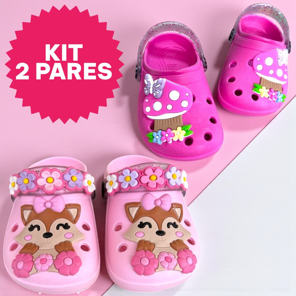 Kit 2 Pares Sandalia Infantil Papete Menina Animais Raposinha Cogumelo Flores Leve Confortavel