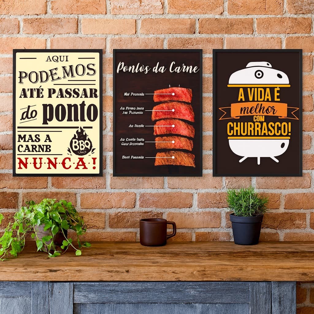 Kit 3 Placas Decorativas Churrasco Cantinho do Churrasco Área Gourmet Carnes 122x62 Grande premium