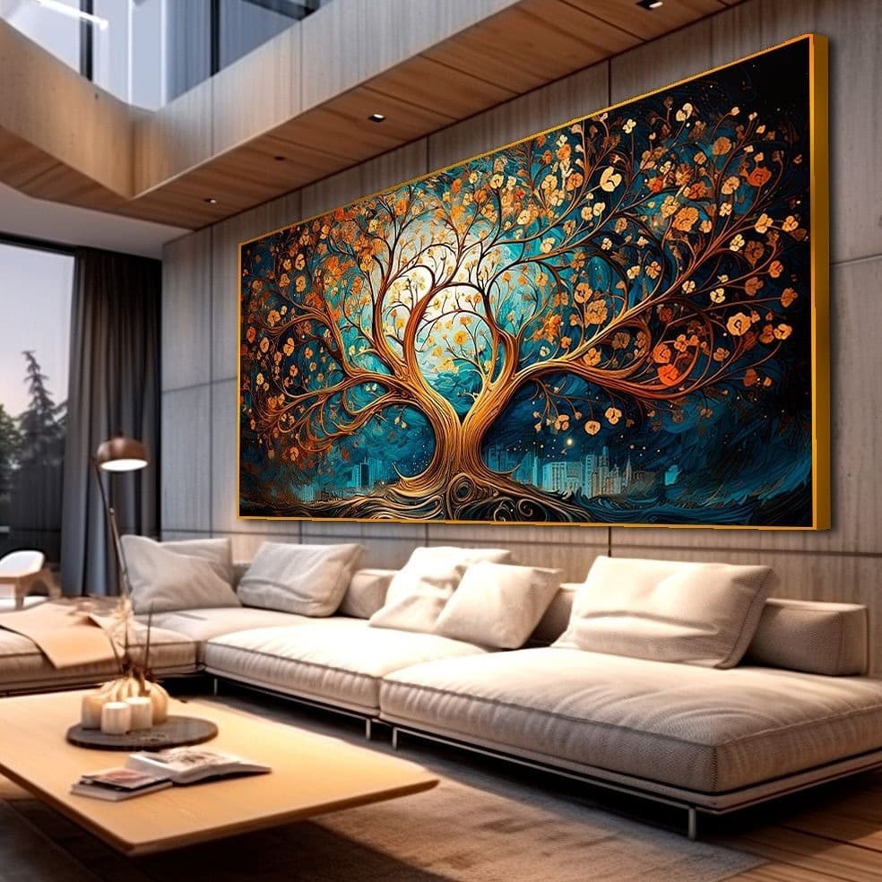 Quadro Decorativo Árvore da Vida Luxo em Tons de Azul e Dourado 112x82Cm em Alta Definição Premium