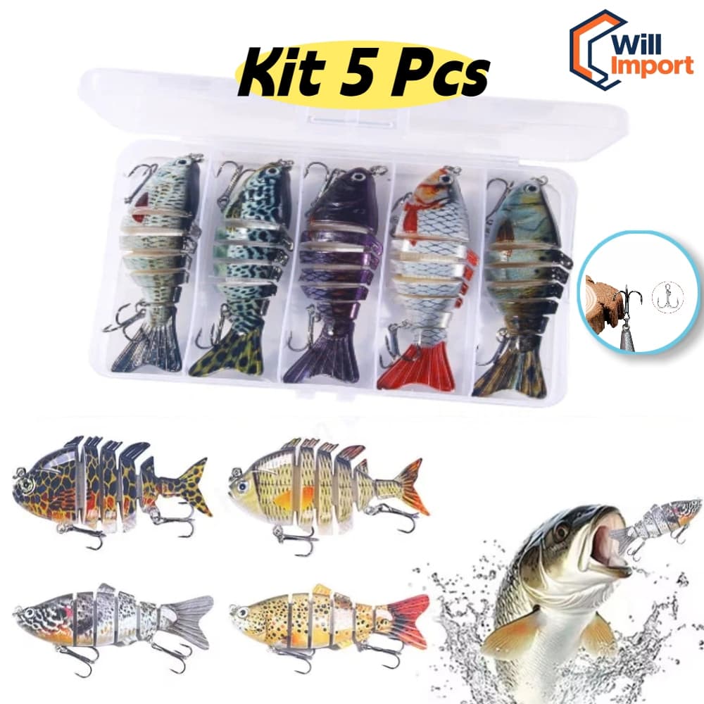 Kit 5 Isca Artificial Lambari 10 cm + Estojo Tucunaré Dourado Traíra Robalo Pesca Peixe Meia Agua