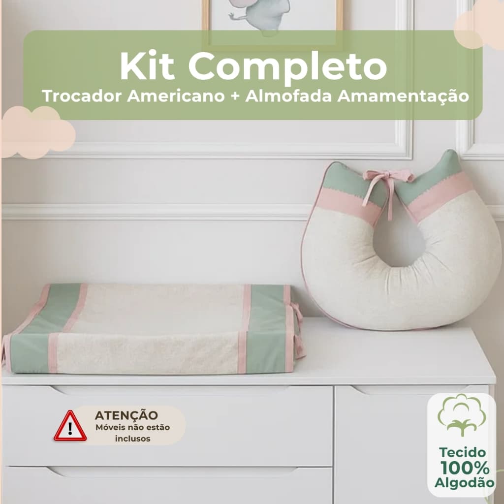 Kit Trocador Americano + Almofada Amamentação Em Linho Antialérgico Bebê Confortável