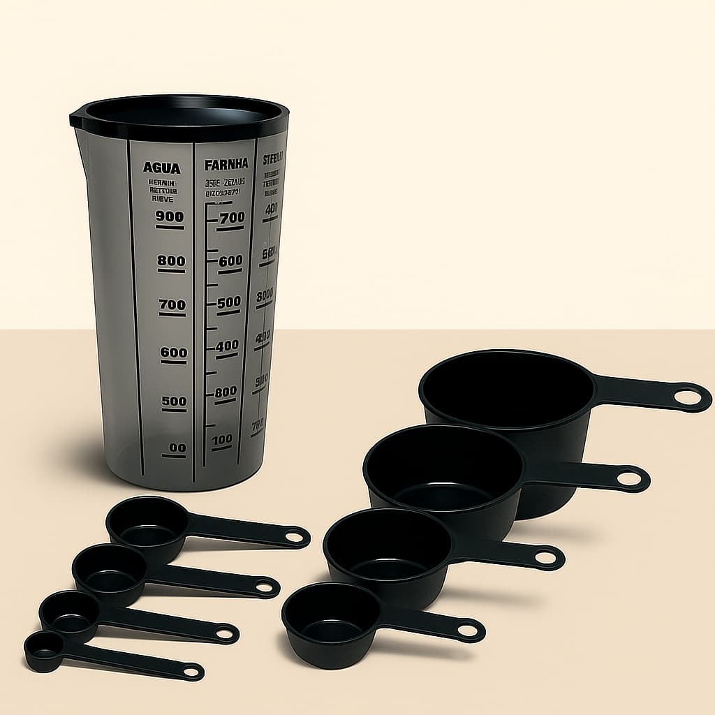 Kit Medidor de Cozinha 9 Peças Fumê com Tampa – Copos e Colheres Medidoras em Gramas e ML